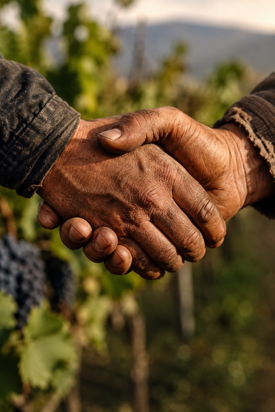 Manos de trabajadores vitivinícolas del Valle de Uco dándose la mano